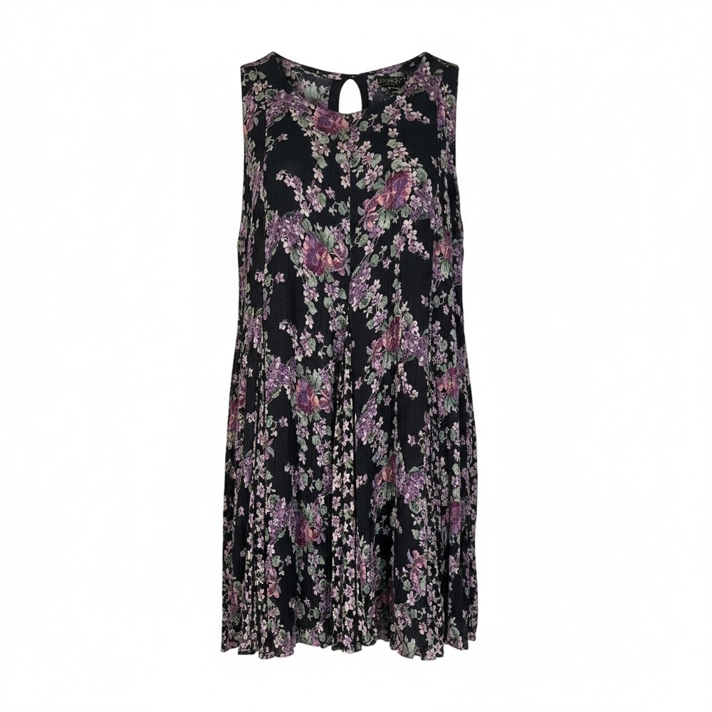 VTG 90's Crinkle Rayon Violet Floral Print Dress Romantic Cottagecore Retro S